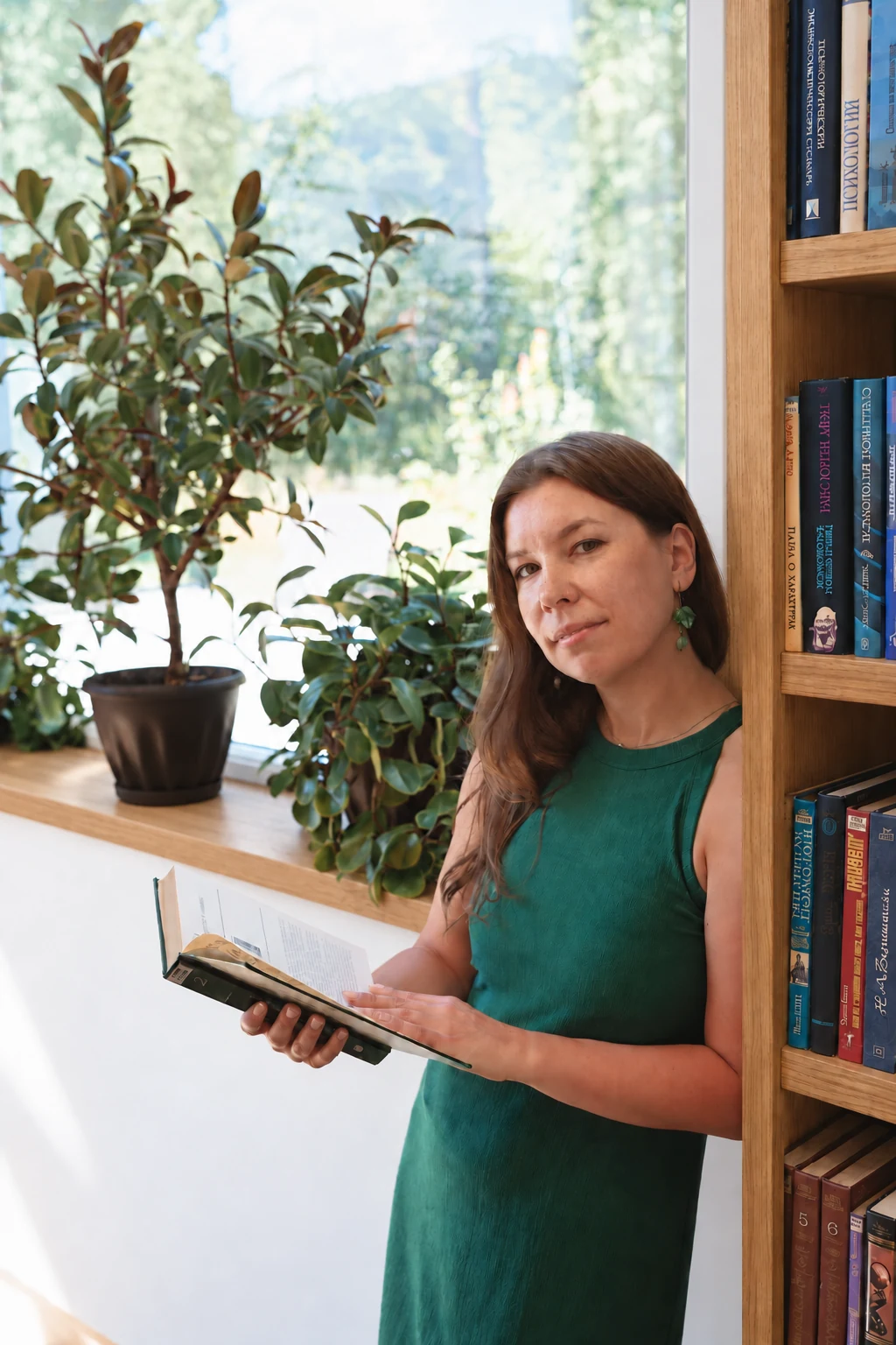 Психолог Екатерина Шмакова с книгой в библиотеке